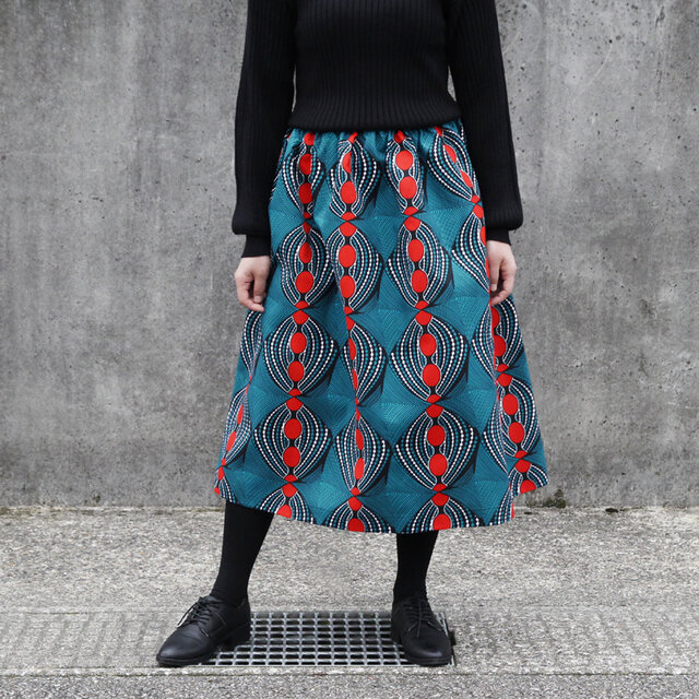 アフリカ布のギャザースカート（ピーコックブルー）アフリカンプリント