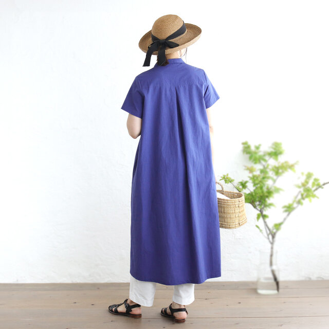 【新品タグ付】SCAPA リネン混 半袖シャツワンピース ロング 42L ブルー 着こなし広がる 遠州織物 2wayシャツワンピース リネン混（ロイヤル
