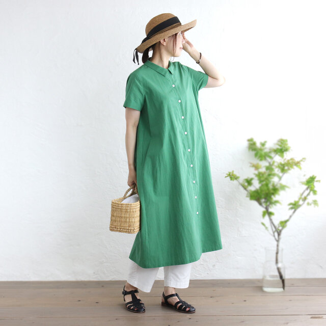 着こなし広がる 遠州織物 2wayシャツワンピース リネン混（グリーン