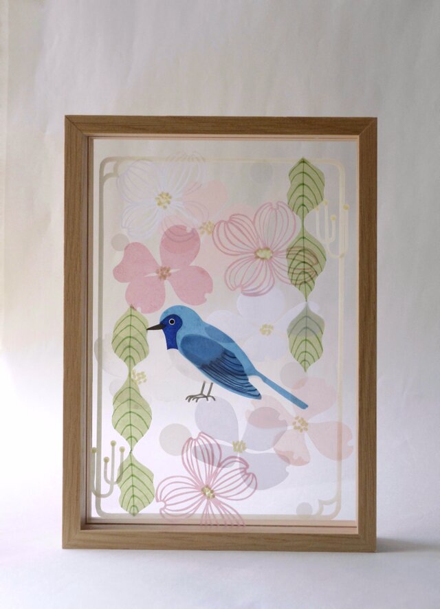 光透ける切り絵＊ハナミズキとオオルリ