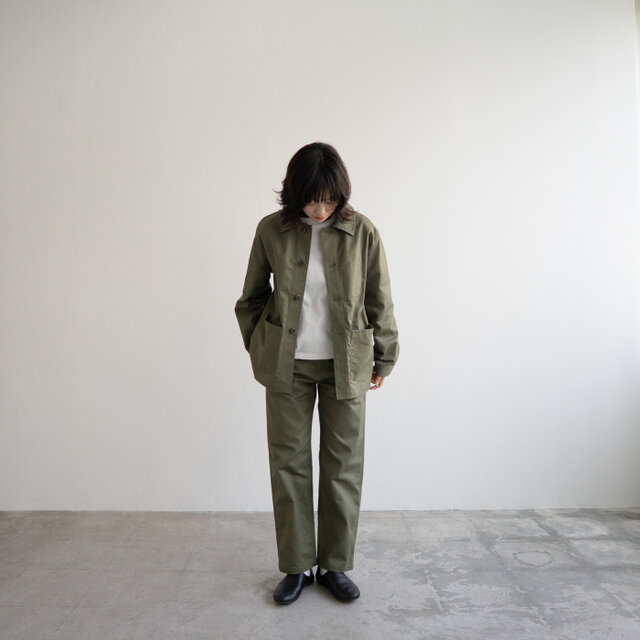 コットンヘリンボン/ワークパンツ/olive drab