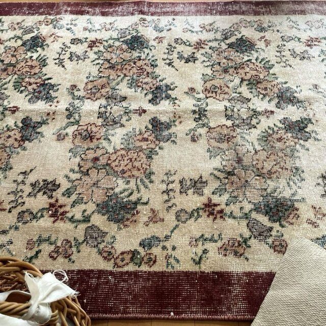 104×200 キナリ×ボルドー薔薇の街トルコヴィンテージラグ