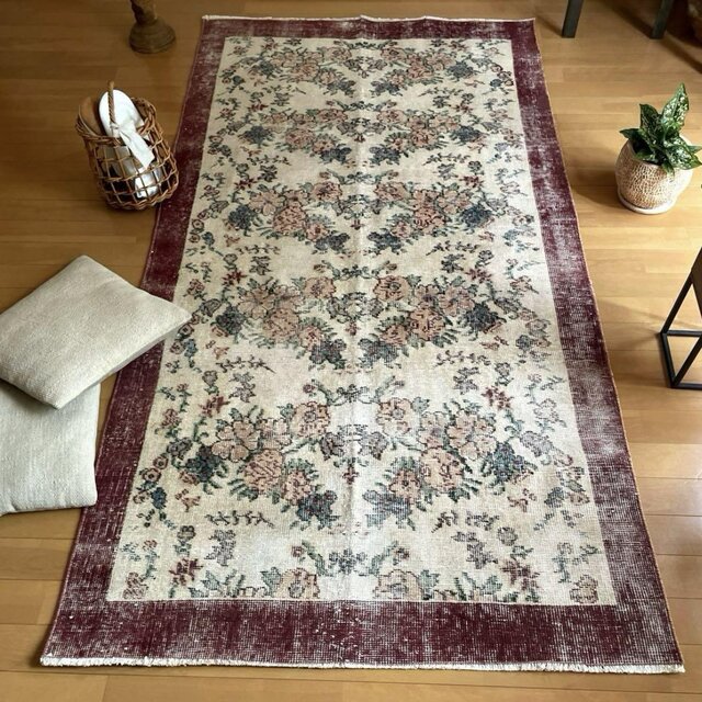 104×200 キナリ×ボルドー　薔薇の街　トルコヴィンテージラグ 104×200 キナリ×ボルドー薔薇の街トルコヴィンテージラグ