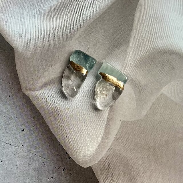 金継ぎピアス｜アクアマリン × ガーデンクォーツ｜感情を整える天然石