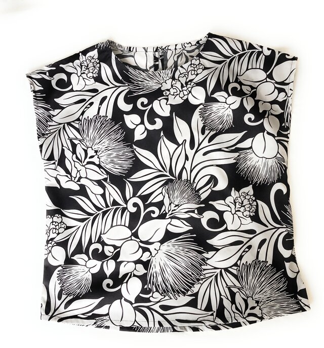 ハワイアン ファブリック Aラインブラウス レフア柄 ブラック Mサイズ [hba-251M]