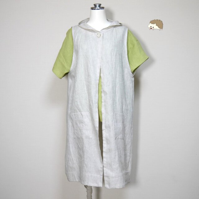 カラーリネン◆お飾りフードのロングジレ◆生成り◆フリーサイズ（中厚、リネン100％）～ジレ・ベスト～