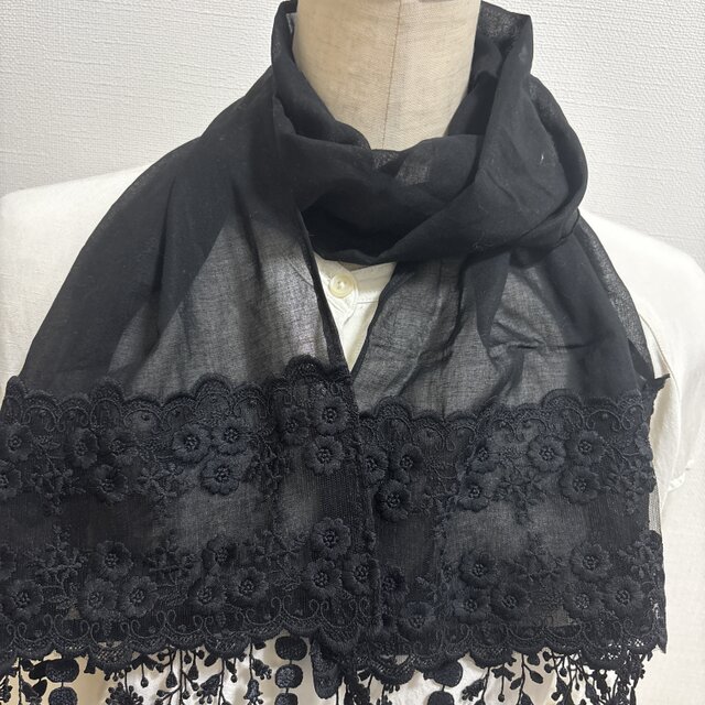ハンドメイドストールロング薄手リネン黒刺繍レースフリンジレース
