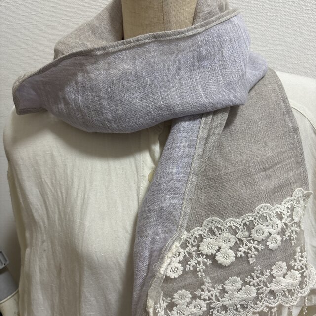 ハンドメイド◆生成りリネンリバーシブルラベンダーストールお花刺繍レースフリンジレースC&S リネンWガーゼチェック&ストライプ