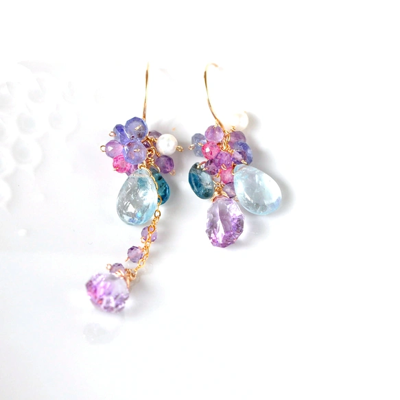 14kgf/紫陽花綴り・ ピンクアメジストxアクアマリン アシンメトリー