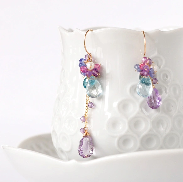 14kgf/紫陽花綴り・ ピンクアメジストxアクアマリン アシンメトリー