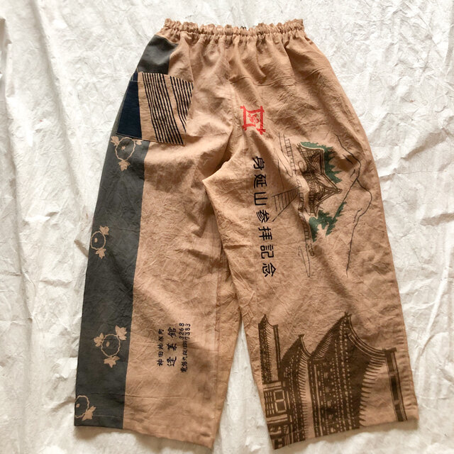 手ぬぐいと浴衣色々柿渋染めパンツ 手ぬぐいリメイク ロング