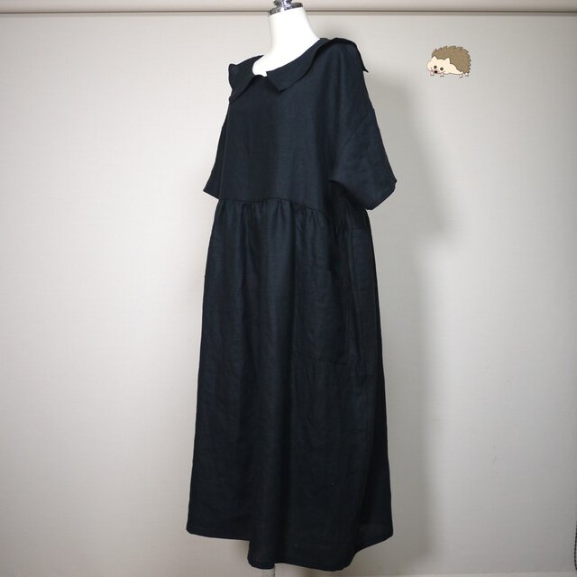 カラーリネン◆ひらっとカラーのギャザーワンピース　半袖◆黒◆フリーサイズ（中厚、リネン100％）
