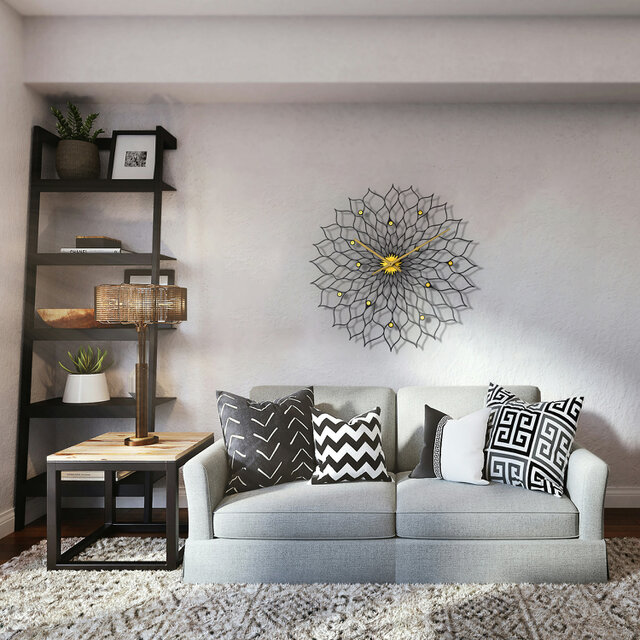 花柄の特大サイズ黒/黄色の壁掛け時計 - Gigantic Sunflowerブラック