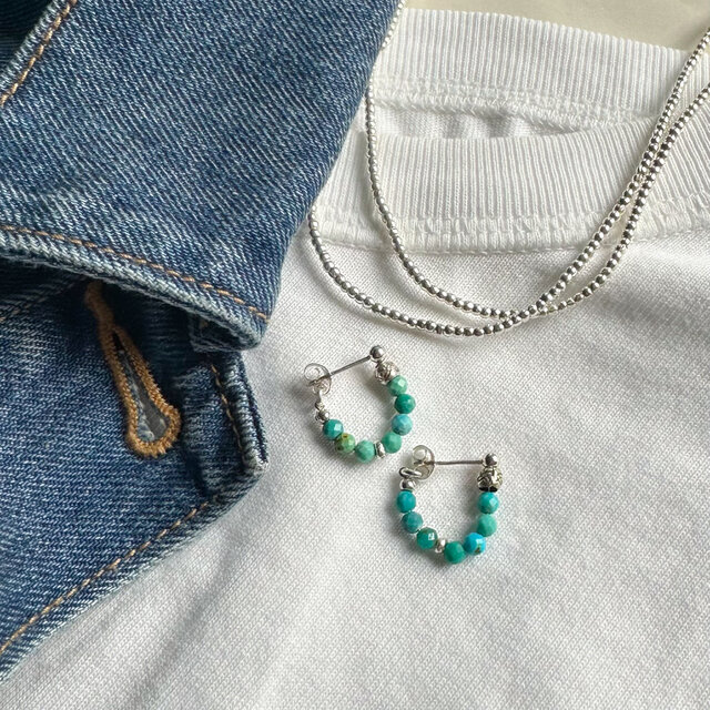 ターコイズミニフープピアス SV925＆カレンシルバー/イヤリングに金具