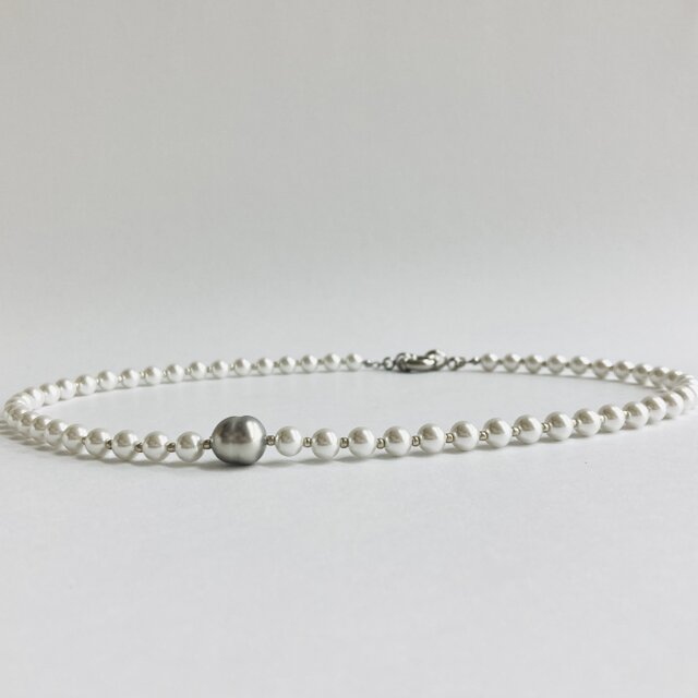 ガラスパール+ビーズネックレスM/6mm約45cm/ホワイト/R/made in japan