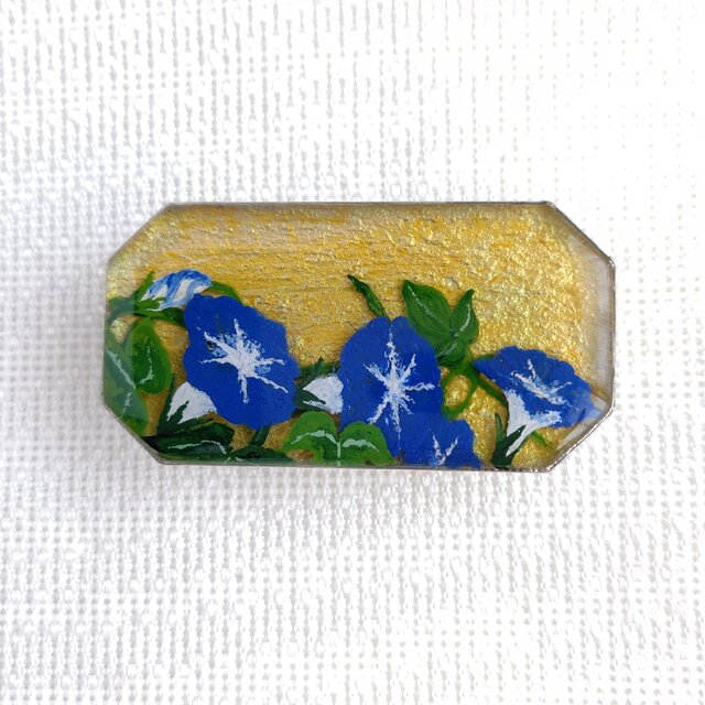 青い朝顔＊手描きレジンの帯留め