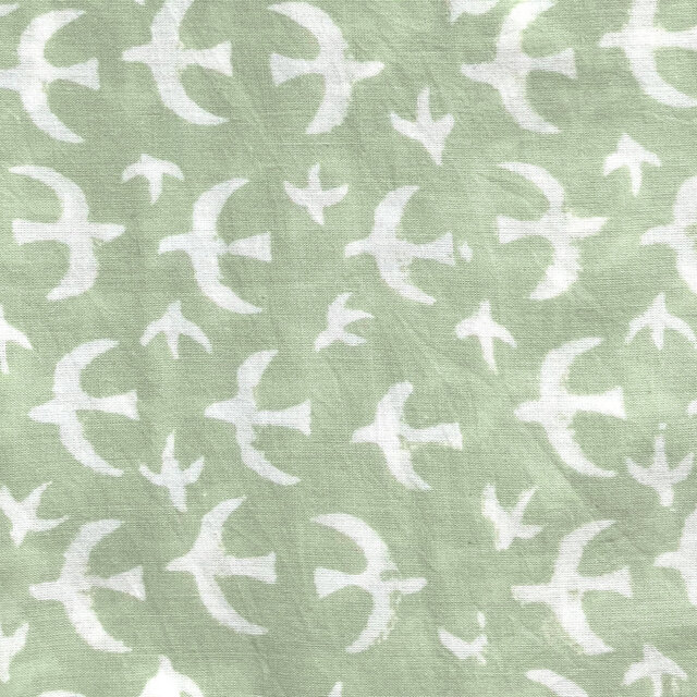 インド ブロックプリント生地 [50cm単位切売] 白い鳥Xライトグリーン地 ファブリック バード IF0267