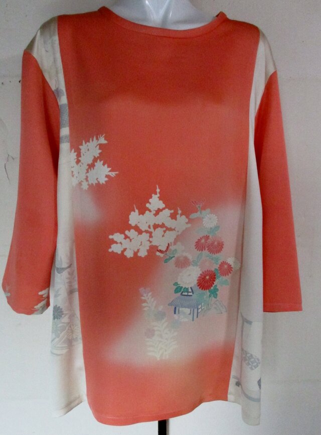８２６６　花柄の着物で作ったシャツ　＃送料無料