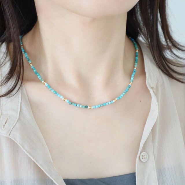 ターコイズ ネックレス　天然石 シルバー　稀少 く2 金属アレルギー対応 ステンレス製 ／ 天然石ターコイズ