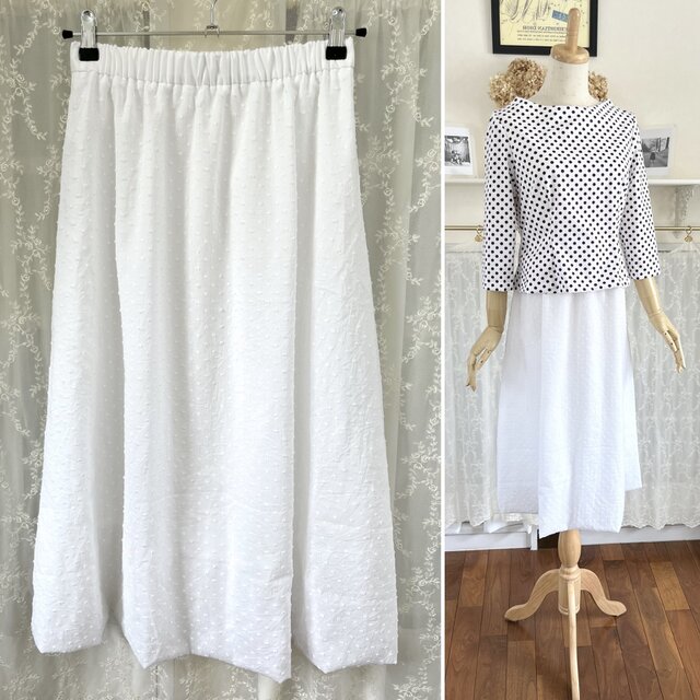 コットン・カットボイルのサイズフリースカート『白・綿・ドット・裏付き・ロング・ウエストゴム』