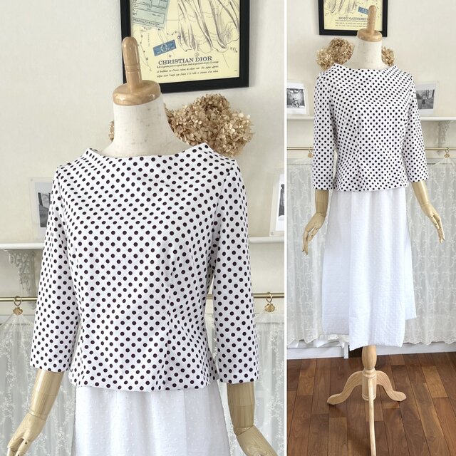 ボートネックのコットンブラウス『ドット柄・水玉・七分袖・ボトルネック』