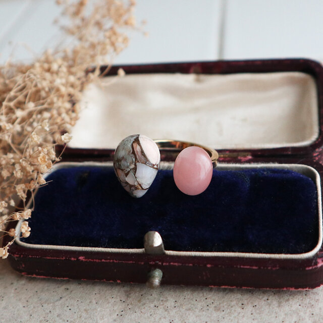 天然石コッパーピンクオパールとピンクグァバクォーツのフォークリング