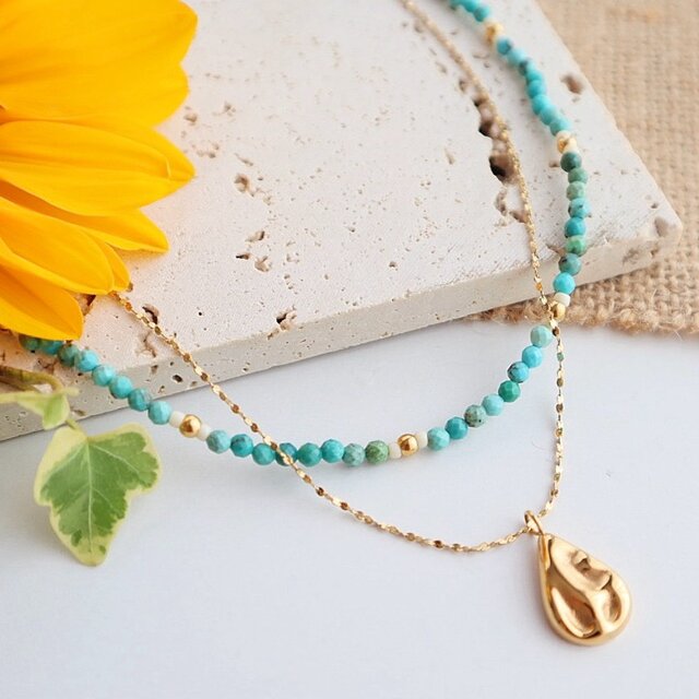 ＼金アレ対応 2本セット／ ターコイズ+ドロップネックレス＜ALLステンレス製＞