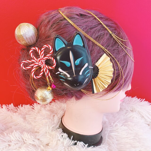 きつね☆ミニお面☆お祭り髪飾り☆夏祭り☆成人式髪飾り☆結婚式髪飾り☆御神輿☆山車☆袴ヘア☆扇子髪飾りのコピー