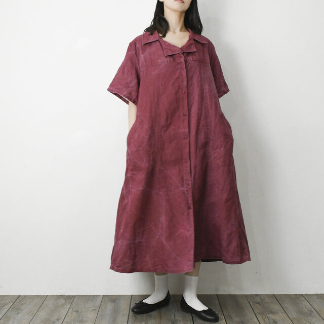 【完全一点物】半袖オープンカラーマーメイドフレアワンピース（レッドリネン)