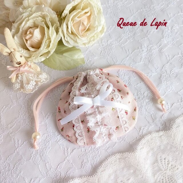 可愛いリボンとレースのミニ巾着（ピンク）