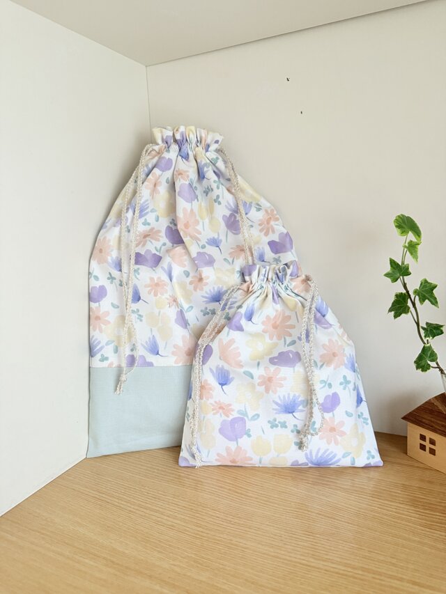 巾着2つセット（デコレクションズ・水彩フラワー）