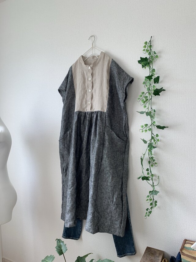 リネン切り替えギャザーワンピース