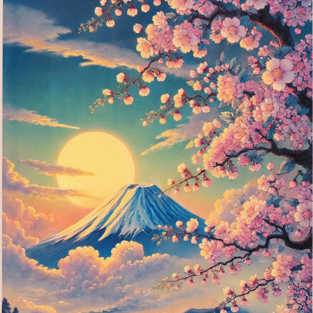 セール 一番安い いまを歴史にする AIアート】桜富士山日本20枚限定A4額○がん 絵画