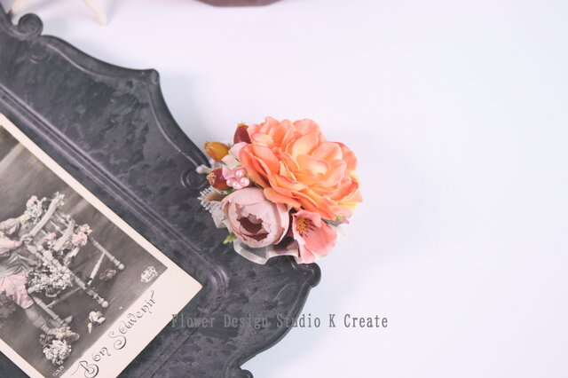 オレンジの薔薇とヒペリカムのヘアゴム ヘアゴム 髪飾り オレンジ バラ