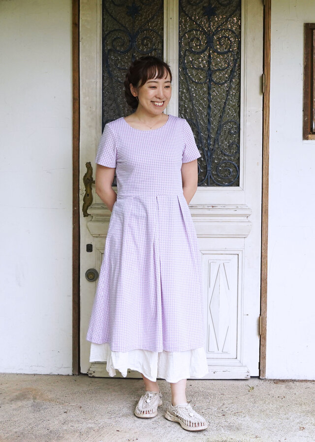 【受注制作】アーミッシュ風シンプルワンピース◇ギンガムチェック・ローズピンク（サッカー調コットン混）*清涼・ストレッチ素材*