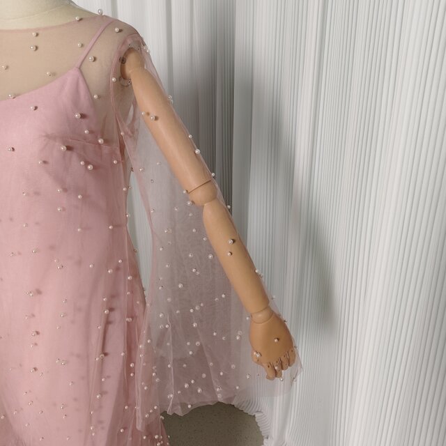 カラードレス ツーピース ピンク ビーズ フレア袖 キャミソール+