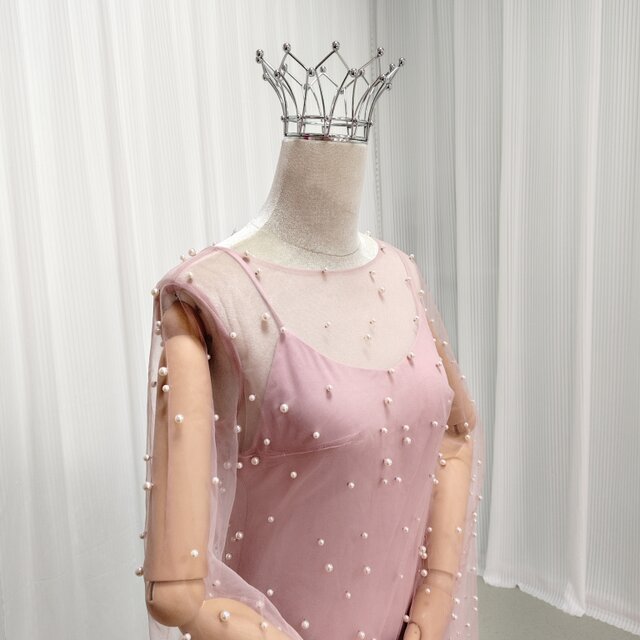 カラードレス ツーピース ピンク ビーズ フレア袖 キャミソール+