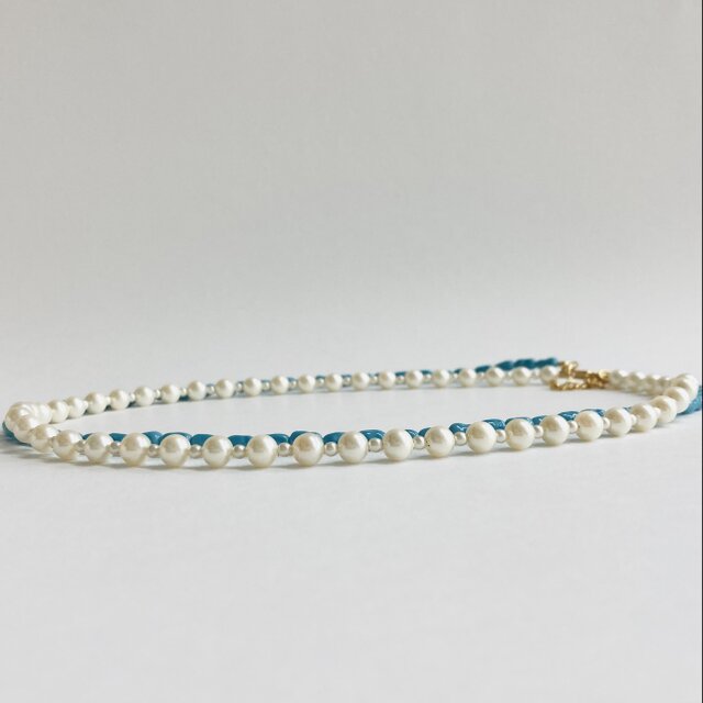 貝パールとバロックビーズの2連ネックレス/約45cm+5cm/クリームxターコイズブルー/G/日本製