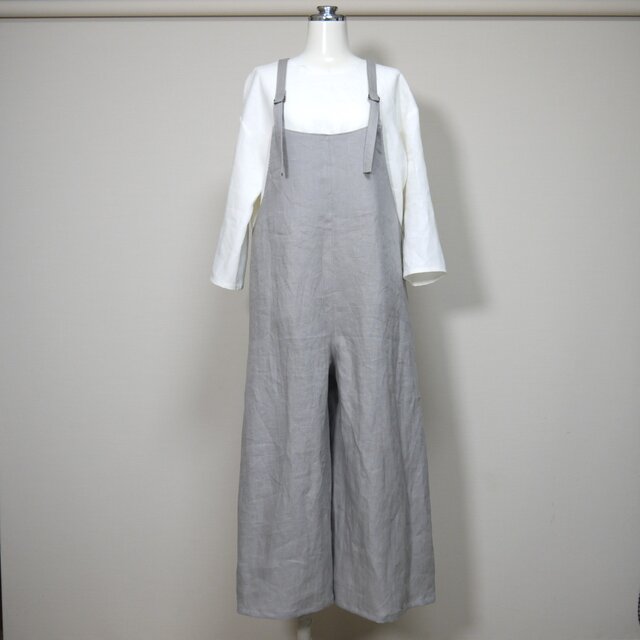 カラーリネン◆サロペットパンツ◆グレージュ◆S・M・L・LL（中厚リネン100％）