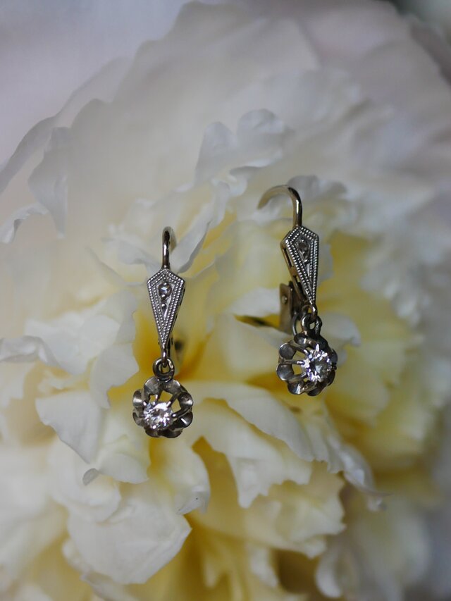 FE-12】 K18 ドルムーズピアス 天然ダイアモンド フランスアンティーク