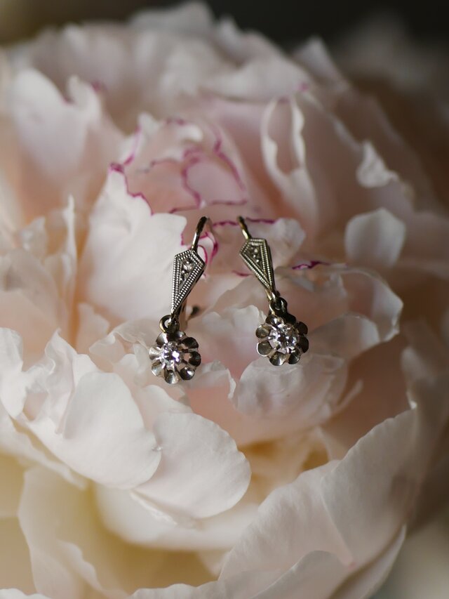 FE-12】 K18 ドルムーズピアス 天然ダイアモンド フランスアンティーク