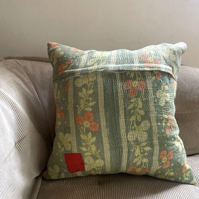 40×40 インド　ヴィンテージ　カンタキルト　クッションカバー　グリーン