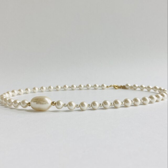 ガラスパールショートネックレス/バロックパール付/約6mm約39cm+5cm/クリーム/G/made in japan