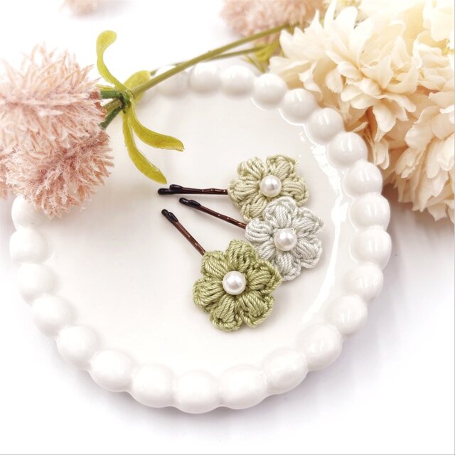 Kobana/レース小花のヘアピン3本セット/グリーン