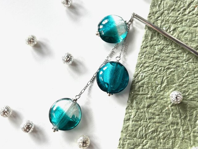 かんざし エメラルドグリーンのおはじき型とんぼ玉3連B 一本挿し 一本