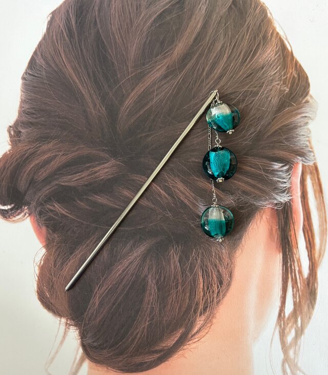 かんざし エメラルドグリーンのおはじき型とんぼ玉3連B 一本挿し 一本