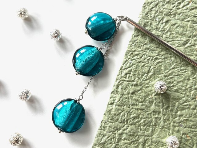 かんざし エメラルドグリーンのおはじき型とんぼ玉3連D 一本挿し 一本