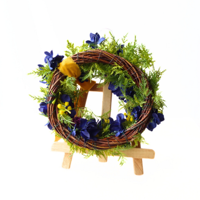 造花　アーティシャルフラワー　大リース&置物　新品 紫陽花とミモザのリース 直径20cm｜枯れないアーティシャルフラワー