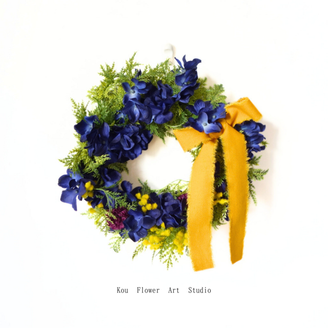紫陽花とミモザのリース 直径20cm｜枯れないアーティシャルフラワー（造花）