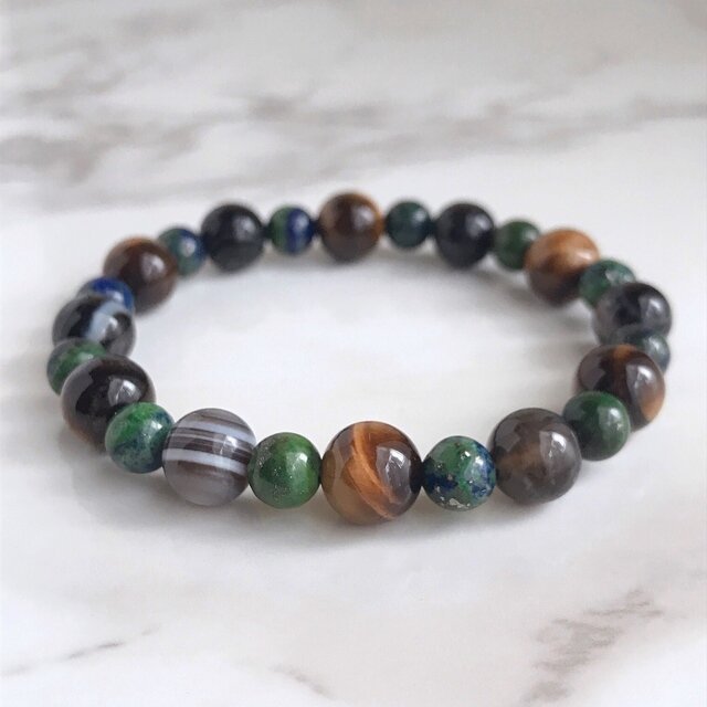 【再販8点以上】洞察力を高め成功へ導く 天眼石 タイガーアイ アズロマラカイト パワーストーン 天然石 ブレスレット No3